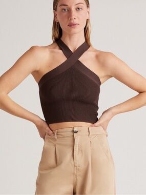 Cropped Cross-Neck Ribbed Tank Top - Brown